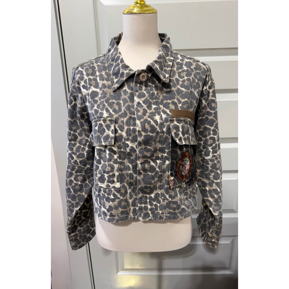 Veveret Womens Leopard Print Sequin Floral Mesh Back Cropped Denim Jacket L